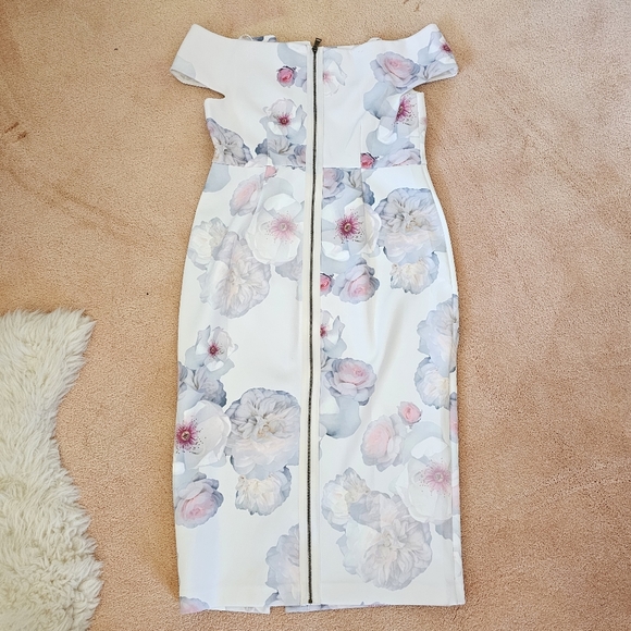 TED BAKER Lovez Short Bardot Sleeve Bodycon Pleated Floral White Dress - Picture 6 of 7